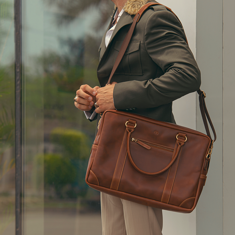 Leather Laptop Bag for Men in Geneva Brown, Ambassador by Obi Pelle